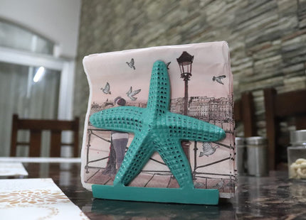 Nautical Starfish Lunch Dinner Metal Napkin Holder Kitchen Beverage Cocktail Ocean Coastal Napkin Holder By The Metal Magician (Distressed Green)