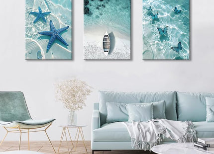 Ocean Wall Art Beach Canvas Print Starfish Shell on Teal Board Paintings Coastal Seascape Picture Blue Butterfly Artwork for Home Kitchen Bathroom Living Room Wall Decor Ready to Hang 16"x24"x3pcs