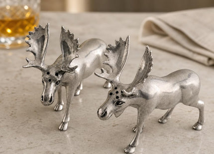 Vagabond House Moose Salt and Pepper Set - Rustic Pewter Shakers for Lodge Decor - 4.5 Inch Tall