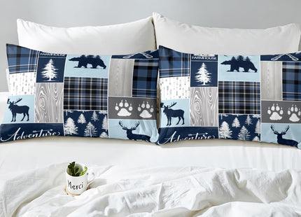 Hunting Bear Deer Comforter Cover, Buffalo Plaid Duvet Cover Twin Size Rustic Cabin Patchwork Bedding Set For Kids Boys Teens Adult, Farmhouse Cowboy Woodland Bed Set With 1 Pillow Case, Blue Grey