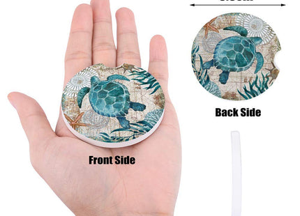 Car Drinks Coasters Set of 2 Pack Sea Turtle Ocean Animal Nautical Themed Absorbent Ceramic Stone Retro Coaster with A Finger Notch for Easy Removal from Auto Cupholder
