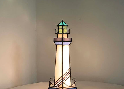 Bieye L10776 Lighthouse Tiffany Style Stained Glass Accent Lamp, 5Wx11H