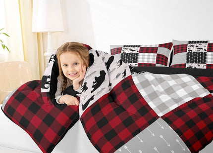 Buffalo Plaid Comforter Set For Boys Girls, Woodland Moose Bedding Set