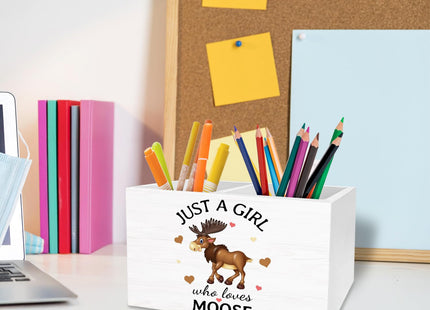 METNBASYY Moose Gifts Pen Holder for Desk, Deer Lover Gifts Pencil Organizer, Just a Girl Who Loves Moose Wooden Box Sign Desk Decor for Home Office Decoration