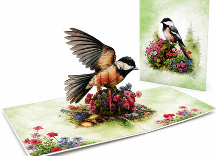 Chickadee Pop Up Card 3D – Songbird & Wildflower Greeting Card, Handmade Bird Popup Card for Birthday, Mother's Day, Thank You, Anniversary, Bird Lovers A57