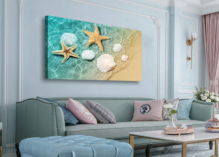 Beach Canvas Wall Art Bedroom Wall Decor Living Room,Ocean Wall Art Office Kitchen Paintings Artwork Modern Starfish Shell Sea Wave Pictures Art Prints Waterproof Ready to Hang-20x40inch