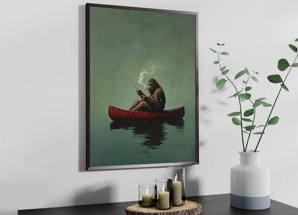 Sasquatch Canvas Wall Art Vintage Fishing Boat Wall Art Fun Bigfoot Painting In Red Canoe On Bigfoot Fishing Poster Canvas Living Room Bathroom Bedroom Print 16x24 Inch Unframed