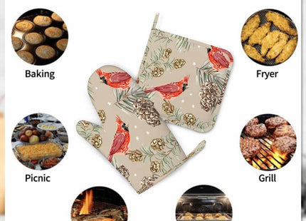 Mxocom Red Cardinal Birds Silicone Oven Mitts and Pot Holders Sets Fir Pine Twigs Cedar Cones Winter Xmas BBQ Gloves for Kitchen,Cooking,Baking,Grilling