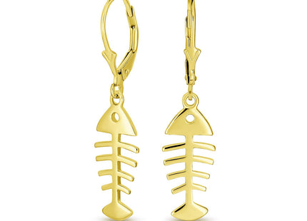 Nautical Fishbone Dangle Earrings Gold Plated 925 Sterling Silver Leverback