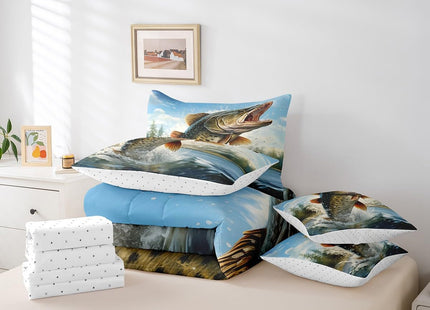 Feelyou Big Pike Fish Comforter Set with Sheets Hunting and Fishing Themed 7 Piece Bedding Set for Kids Boys Girls Underwater Animals Bed in a Bag Soft Bedding Comforters Full Size