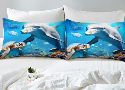Erosebridal Dolphin Duvet Cover Twin Sea Turtle Bedding Sets Underwater World Fish and Coral Reef Comforter Cover Marine Ocean Theme Quilt Cover 2 Piece with 1 Pillowcase for Kids Teens, Blue