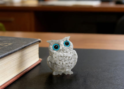 PinpinPony Owl Statue, Natural Gemstones Decor for Home Office, Shelf Display Figurine, Handcrafted Unique Owl Sculpture(White)
