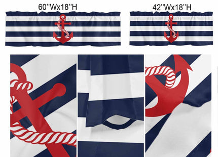 Chucoco Nautical Valance Curtain for Window, Red Anchor Rod Pocket Kitchen Valances Navy Blue White Stripe Short Curtain Panel Windows Treatment Drapes for Bathroom/Bedroom/Living Room