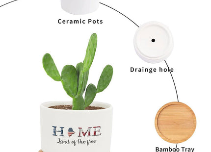 DreamAutumn Home Land of The Free Maine Planter Ceramic Round Plant Pots with Drainage Holes and Bamboo Tray Planting Small Flower Pots for Home Windowsill Desk Garden Indoor Outdoor Use
