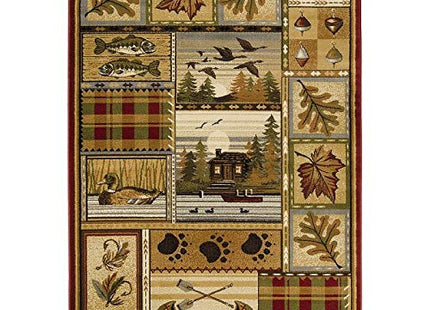 HR Cabin Rug Cabin Area Rug Modern Geometric Design Cabin Area Rug Abstract, Beige/Multicolor Design– Leafs/Nature/Kayak/Duck/Lodge by The Lake