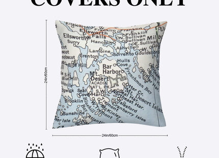 Bar Harbor Maine Map Outdoor Cushion Cases Travel Map Accent Waterproof Pillow Covers Farmhouse Square Couch Sofa Cushion Covers for Patio Furniture Tent Garden 24x24in