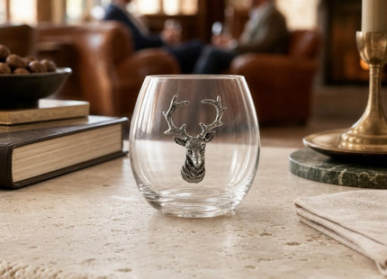 Vagabond House Elk/Deer Stemless Wine Glass, Premium Hand-Blown Crystal, Rustic Lodge Style, Perfect for Red/White Wine, 3.25" Tall, 8 oz - Sold as Single Glass