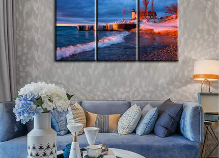 Large 3 Pieces Canvas Prints Wall Art Beautiful Michigan Landscape Lighthouse at Sunset on the Waters Surface Pictures Modern Home Decor Stretched Gallery Wrap Giclee Print Ready to Hang - 28''x42''