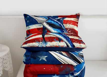 Marlin Swordfish Comforter Set Boys American Flag Bedding Set, Hunting and Fishing Comforter for Kids Teens Adult Bedroom Marine Life Ocean Animal Down Comforter with 1 Pillow Case, Blue Red, Twin