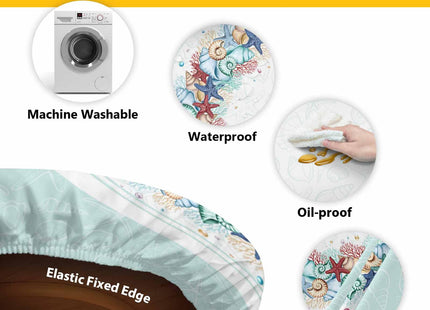Marine Life Round Fitted Tablecloth with Elastic Ocean Teal Tablecloths Washable Summer Beach Starfish Coral Conch Table Cover for Kitchen Dinner Party Picnic Decor Fits Tables up to 36"- 44" Diameter