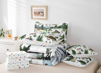 7 Piece Rustic Farmhouse Full Bed in a Bag for Women Boys Western Farmstyle Sheet Set, Wild Animal Fox Moose Rabbit Bear Print Bedding Set with Comforter for Teens Girls Kids Wildlife Cushion Covers