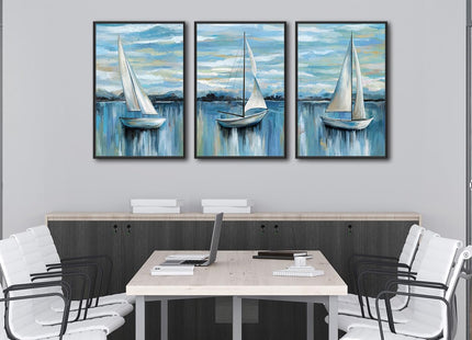 Large Framed Sailboat Wall Art, Tranquil Beach Decor, 24"x36" Set of 3