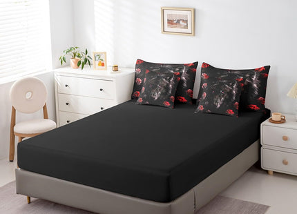 Erosebridal Black Wolf Bed in a Bag Queen Comforter Set 7 Piece,Red Rose Bedding Sets Romantic Flowers Bed Sheets,Wild Woodland Animals Sheet Set with Comforter