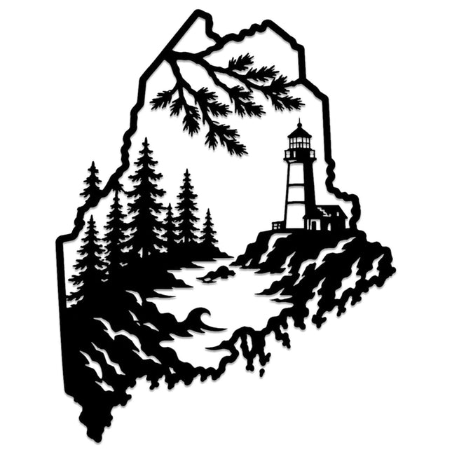 Maine Lighthouse Forest Metal Wall Art WallArt Decor Metal Outdoor Decor Metal Signs Rustic Farmhouse Contemporary Wall Sculpture Stunning Home Decoration for Living Room Bedroom Office (Black,12inch)