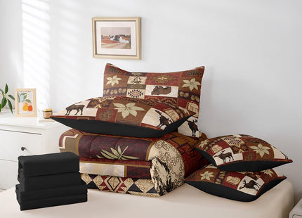 Erosebridal Buffalo Plaid 7 Piece Comforter Set Cabin Decor,Bear Elk Deer Wild Animal Bedding Sets Fall Leaves Pine Cones Bed Sheets Wildlife Hunting Theme Quilt Bohemian Floral Bed in a Bag,Twin