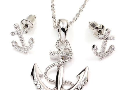 FC JORY White Gold Plated Crystal CZ Anchor Necklace Earrings Studs Jewelry Set