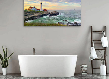 tigeridge Portland Head Light Wall Art Sunset Lighthouse Canvas Wall Art for Living Room Ocean Canvas Pictures Seascape Artwork Canvas Prints Office Home Wall Decor Framed Ready to Hang 20" x 40"