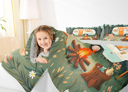 Erosebridal Cute Camper Car Full Comforter Set Rv Camping Bedding Set Woodland Camper Decor Comforter for Kids Boys Girls Floral Campfire Quilt Duvet
