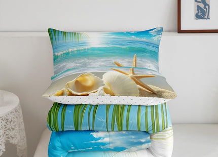 Erosebridal Beach Themed Comforter Sets Full,Blue Ocean Bedding Set Seashell Starfish Printed Bedding Beach Coastal Decor Quilt 1 Comforter + 2 Pillowcase for Kids Teens Adults,Soft Lightweight
