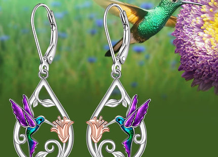 Hummingbird Earrings for Women Sterling Silver Purple Hummingbird Dangle Earrings Sterling Silver Memorial Cute Bird Flower Jewelry Mothers Day Gifts