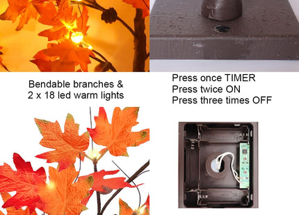 YEAHOME Fall Decorations for Home, 2 Pack 24”/2FT Lighted Fall Maple Leaves Tree with Warm White LEDs Autumn Decor, Pine Cone, Acorn Ornaments Battery Powered Timer for Thanksgiving