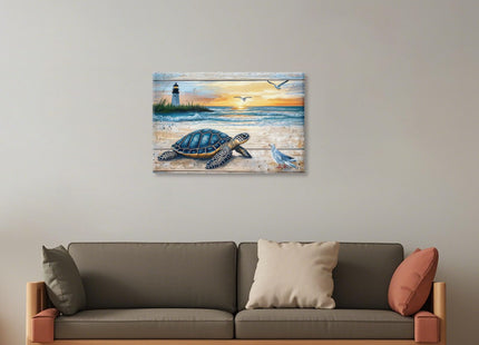 ARTZGX Sea Turtle Canvas Wall Art Turtle Bathroom Wall Decor Coastal Beach Pictures Ocean Animal Artwork Lighthouse Painting for Home Decor Frame(Blue 12L x 18W)