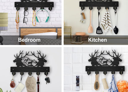MAYJOYDIY Deer Mountain Forest Coat Hooks Wall Mounted 11.8×7.9inch Black Wooden Deer Key Holder for Wall 5 Alloy Hooks Wall Art Decor Deer Hangers for Towel Key Kitchen Bedroom Entryway Gifts