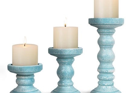 Candle Holder for Pillar Candle Set of 3, Ocean Themed Beach Decor Candle Holders, Coastal Farmhouse Nautical Rustic Decorations for Bathroom, Living Room, Dining Room and Office, Blue