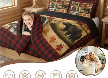 Bear Cabin Plaid Comforter Set Queen, Rustic Farmhouse Bedding Comforter Sets, Retro Hunting Deer Bedding, Country Woodland Pine Tree Duvet Set, Maple Leaf Lodge Decor Down Comforter, Red Black Brown