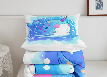 Cute Narwhal Comforter Set Twin for Kids Youth,Ranibow Unicorn Bedding Set Gifts for Girls,Cartoon Ocean Whale Duvet Insert Blue Tie Dye Quilt Nautical Ocean Themed Bedroom Decor,Breathable Cozy