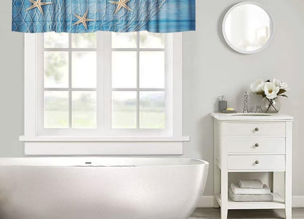 JanJCurt Starfish Seashells Window Valance, Ocean Nautical Rustic Retro Blue Wooden Board Starfish Fishing Net Blackout Valance Curtain for Living Room Kitchen Cafe, 54x18in