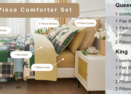 Smuge 7 Piece Queen Size Comforter Set, Lodge Moose Rustic Cabin Bed in a Bag, Soft and Breathable, Green Moose
