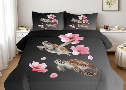 CCoutueChen Gray Comforter Set Full Size Ocean Sea Turtle Bedding Set Ombre Grey Pink Cherry Blsosom Bedding for All Season Ultra Soft Lightweight Comforter with 2 Pillowcases