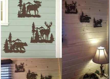 WAIU Set of 3 Brown Metal Deer Bear Moose Pine Tree Wall Decor 9.3 Inch, Rustic Cabin Indoor Outdoor Hanging Ornament