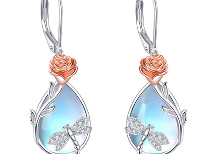 Vadmans Dragonfly Earrings Sterling Silver Rose Dragonfly Dangle Earrings Moonstone Drop Earrings Jewelry Gift for Women