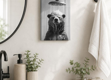 Black and White Bear Bathroom Wall Art, Funny Framed Canvas Decor