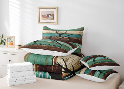 Deer Fish Animal Kids Comforter Set 7 Piece Twin Size,Wildlife Hunting Theme Lodge Decor Reversible Quilt Set,Rustic Farmhouse Wooden Board Barn Bedding Set with Comforter,Sheet,Pillowcase