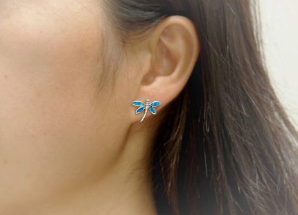 Sterling Silver Synthetic Blue Opal Dragonfly Stud Earrings