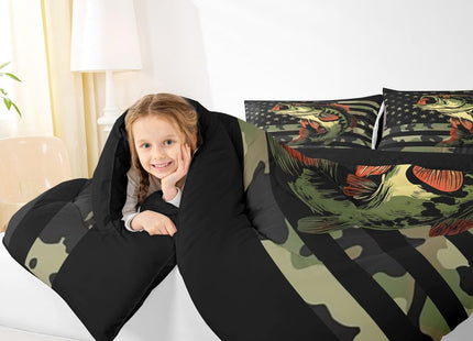 Bass Fish Camouflage Comforter Set Farmhouse Fishing Bedding Set for Kids Girls Women Adults Retro Green Camo Comforter Bass Fish Pattern Quilted Duvet Set Bedroom Collection Twin Size 2Pcs