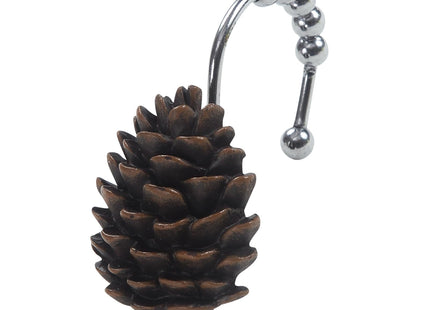 Brown Pinecone Shower Curtain Hooks, Rustproof Rustic Cabin Shower Hooks for Shower Curtain, 5 Roller Ring Balls Lodge Christmas Decorative Bathroom Curtain Hooks, Set of 12